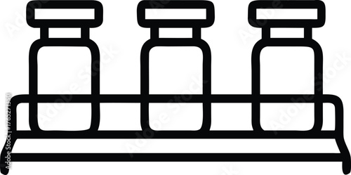 Black and white line drawing of three laboratory vials in a tray, evenly spaced. The simple, minimalist design suggests a scientific theme.