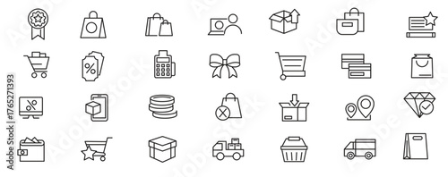Shopping line icon set. Supermarket, cart, online shopping, commerce, mobile shop, testimonials, shipping, purchase, Package, basket, bag line icon set. vector