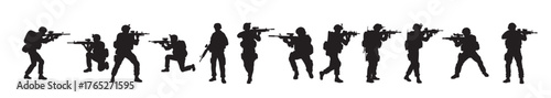  silhouettes of armed soldiers in various combat stances.