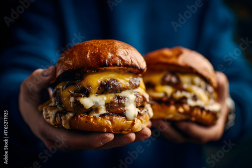 Gourmet double cheeseburger with dripping melted cheese and grilled onions on a brioche bun.