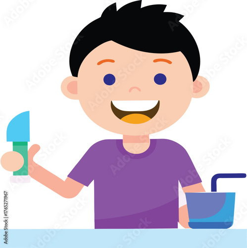 Happy boy holding utensil and drink smiling widely cartoon character design child smiling joyful fun vector