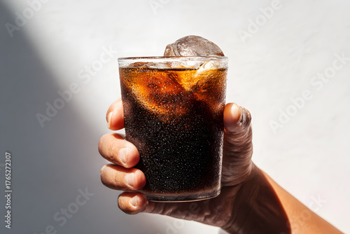 Refreshing Glass of Cola with Ice Held by Hand Bubbles Visible.