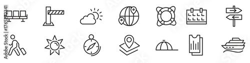 Travel line icon set. Hotels, types of tourism, tourist transport, locations, maid, bell boy, room, adventure, nature, bag, compass, lantern line icon set. UI thin line icon pack.