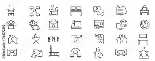 Work from home line icon set.  Contains such Icons as a freelancer, Remote work, Coworking, Video Conference, hybrid work, digital nomad, and Remote work line icon set.