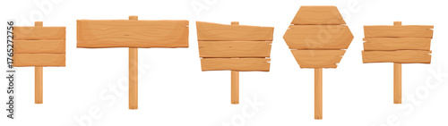 Wooden banners, set of information boards, templates of billboards, rural announcement signs. Vector cartoon collection of wooden texture backgrounds