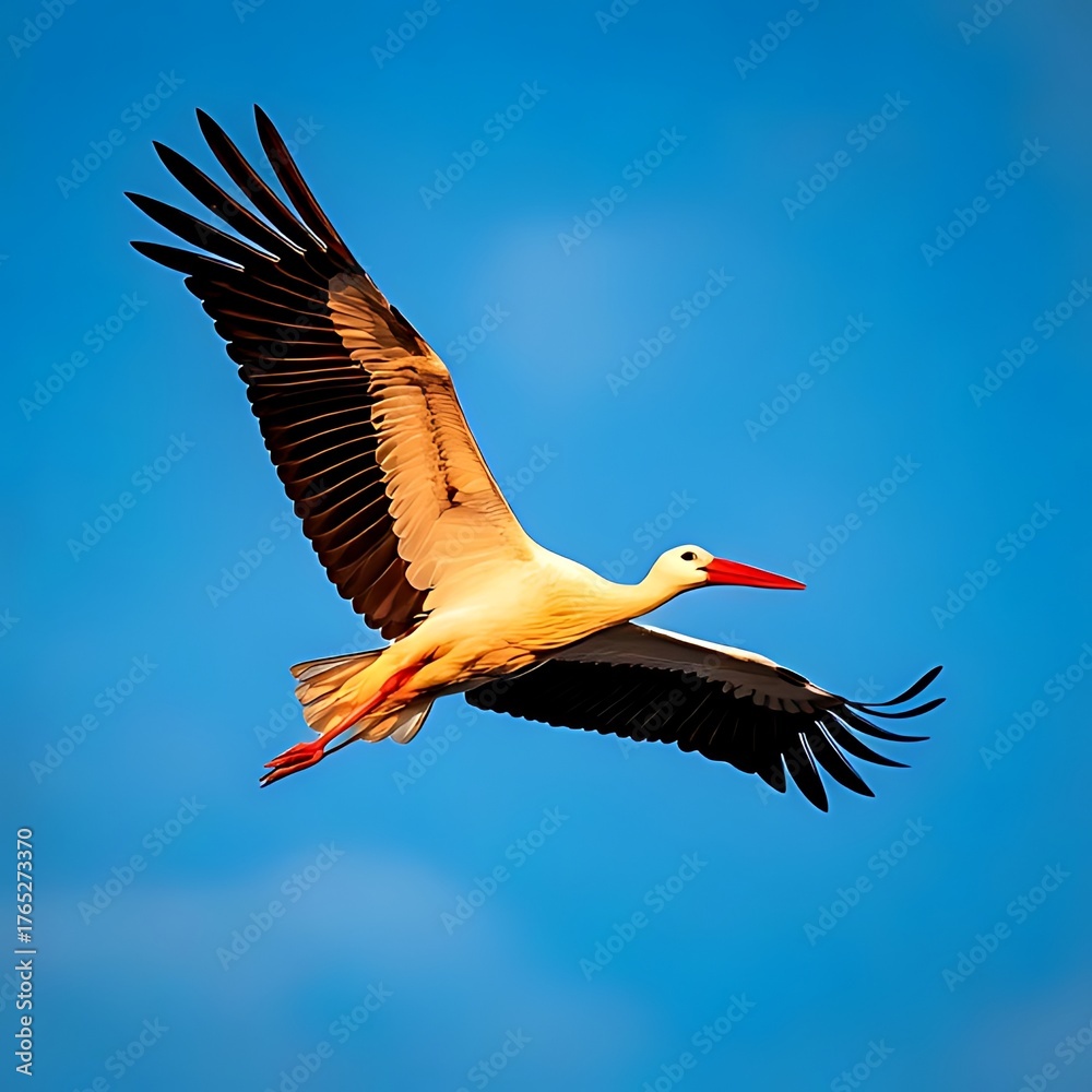 Naklejka premium A large white bird soaring through a vibrant, cloudless, blue sky