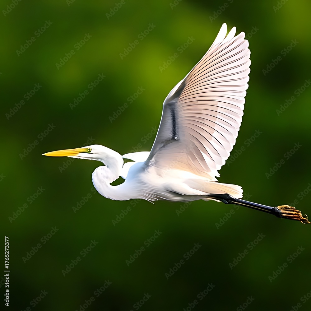 Obraz premium A large white bird soaring through the air against a verdant background