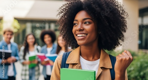 Young woman with curly hair holding green book smiling