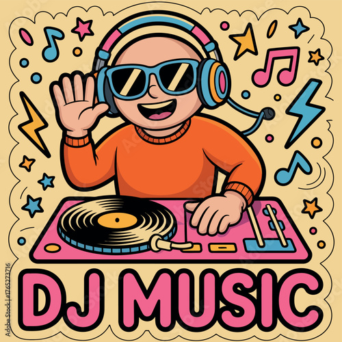 Colorful DJ Music Sticker Vector. Disc Jockey with Turntable, Headphones, Musical Notes, and Sparkling Stars on Vibrant Purple Background