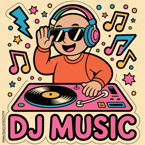 DJ Party Sticker Vector Illustration. Turntable, Headphones, Music Notes, and Disco Lights in Fun Pop Art Style for Music Lovers and Nightlife Designs