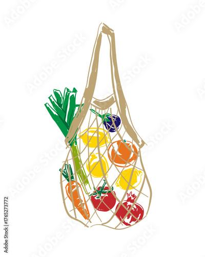 Mesh bag with fruit and vegetables from the local market, drawing reusable mesh eco bag, Hand drawn vector illustration  
