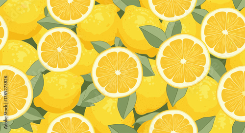 Fresh lemons and oranges with green leaves background.