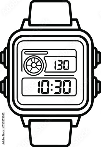 Digital watch with multiple functions isolated on transparent background, a versatile timepiece with a clear display and simple design, perfect for active lifestyle