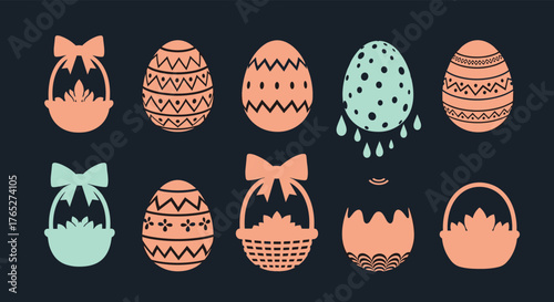 Easter egg collection with various designs and basket shapes.