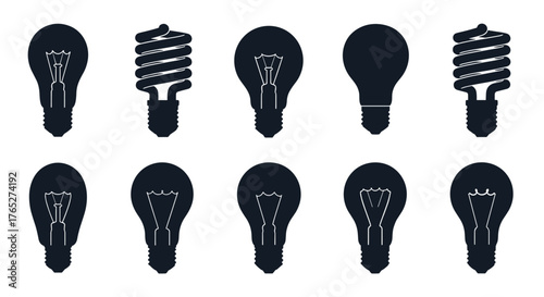Various light bulbs silhouettes on a white background.
