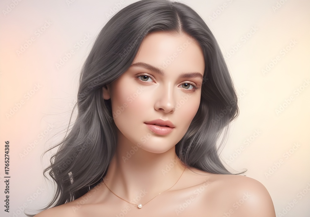 Naklejka premium Natural Beauty Portrait of Young Woman with Wavy Hair in Soft Light - Skincare, Elegance, Youthful Glow