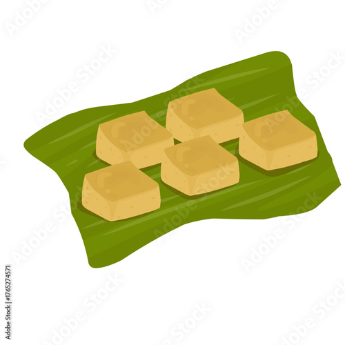 Five square traditional sweet desserts on a banana leaf. Vector illustration of Asian snacks for culinary and cultural themes.
