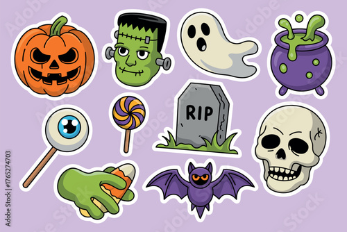 Halloween Stickers Vector Collection – Cute Pumpkins, Ghosts, Sweets, Witch Hats, Bats, and Holiday Lettering for Festive Designs and Decorations