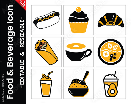 Assorted Food Icons Set Hot Dog Cupcake Burrito Soup Coffee Smoothie Croissant