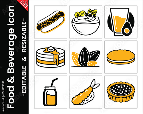 Food And Beverage Icon Set Featuring Hotdog Pancake Avocado Juice And Berry Dessert