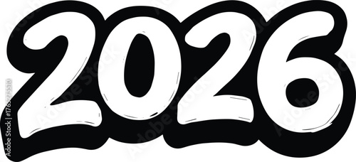 Graffiti style 2026 numbers with white fill and black outline Keywords: 2026, year, new year