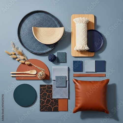 Earthy Tones and Textures: A Harmonious Interior Design Mood Board on Blue Background