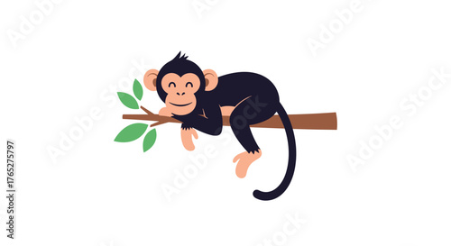 Cute cartoon monkey sleeping peacefully on a tree branch.