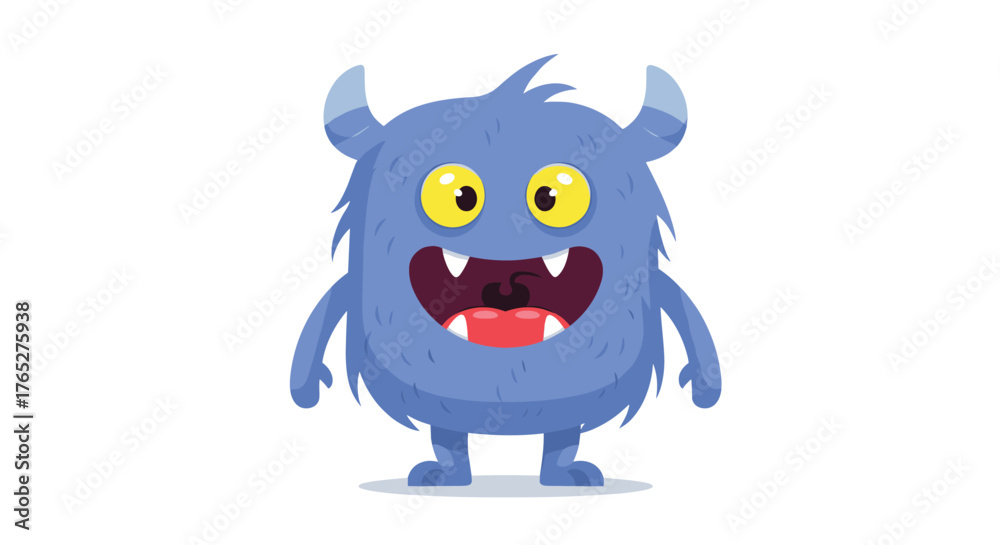 Fototapeta premium Cute Blue Monster with Horns and Big Smile.