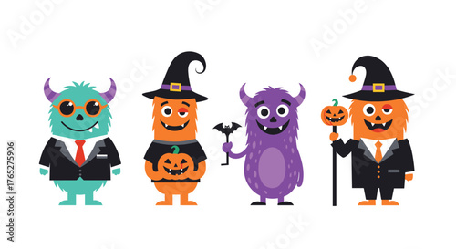 Four adorable Halloween monsters dressed in costumes and ready for fun.