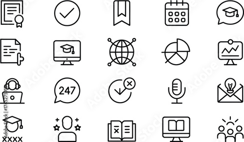 A collection of line art icons representing education, learning, and business concepts.