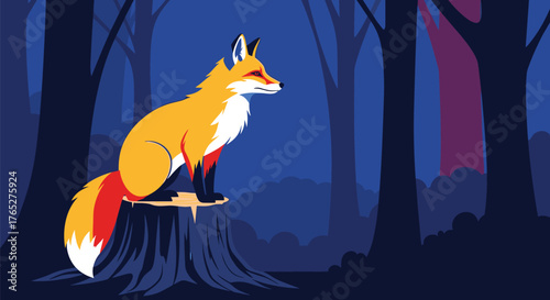 Majestic Red Fox Perched on a Tree Stump in a Dark Forest.