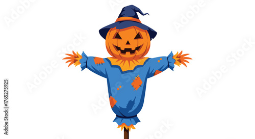 Festive Halloween Scarecrow with Pumpkin Head and Blue Outfit.