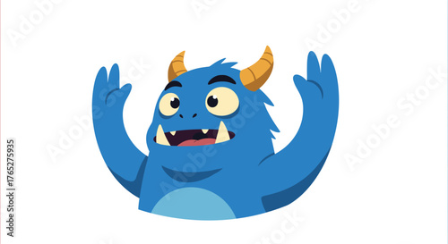 Friendly blue monster with horns and open arms ready to play and have fun.