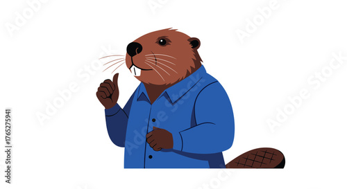 Friendly cartoon beaver character in a blue shirt giving a thumbs up.