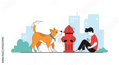 Dog and owner with fire hydrant in city park.