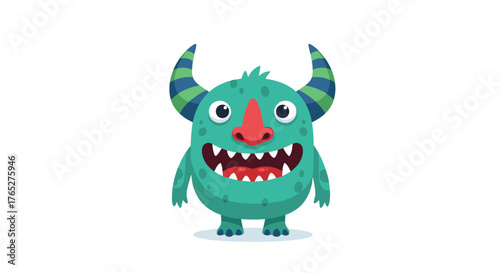 Cartoon Monster with Horns and Big Teeth on White Background.
