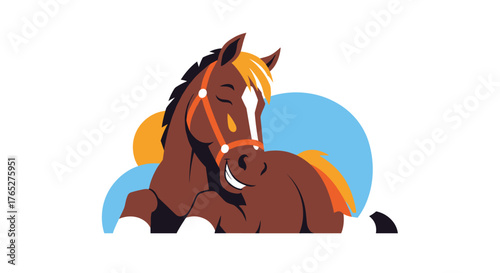 Resting Brown Horse with Blonde Mane and Blue Accents Illustration.