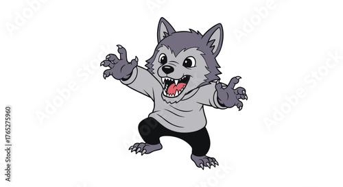 Cartoon Werewolf Character with Gray Fur and Black Pants.