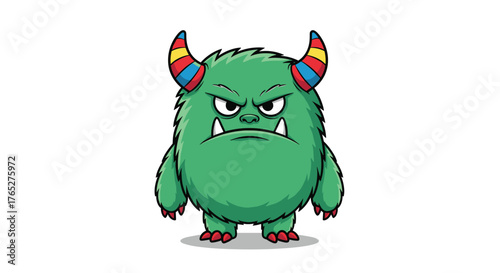 Green Monster with Colorful Horns and Angry Face.