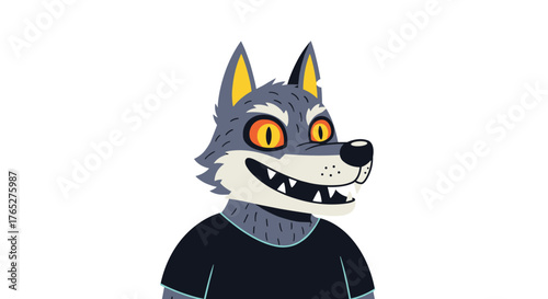 Cartoon wolf character with a wide grin and glowing eyes.