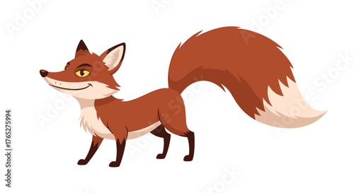 Cartoon fox with a fluffy tail and a sly expression walking forward.