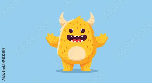 Cute Yellow Monster Character with Horns and Big Smile.
