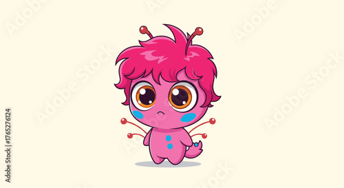 Cute Pink Alien Baby Character with Big Eyes and Antennae.