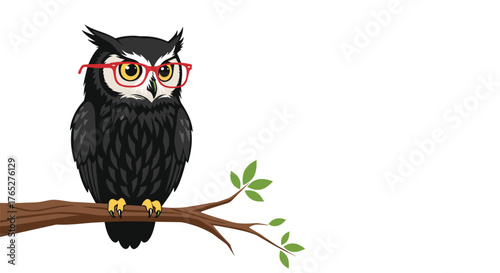 Wise owl with glasses perched on a tree branch observing.