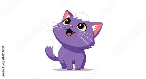 Adorable cartoon cat with purple fur and a happy expression looking up.