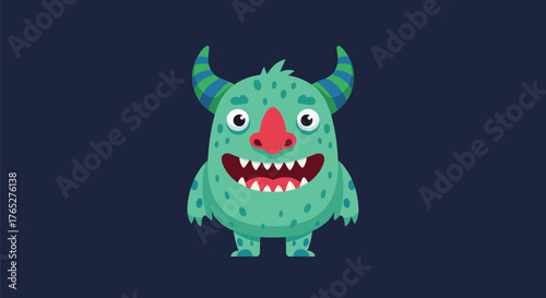 Cute green monster with horns and a big smile ready to play.