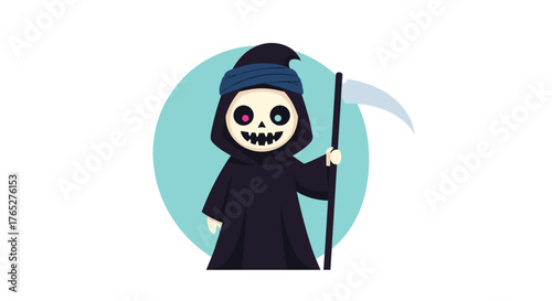 Cute Cartoon Grim Reaper Character with Scythe.