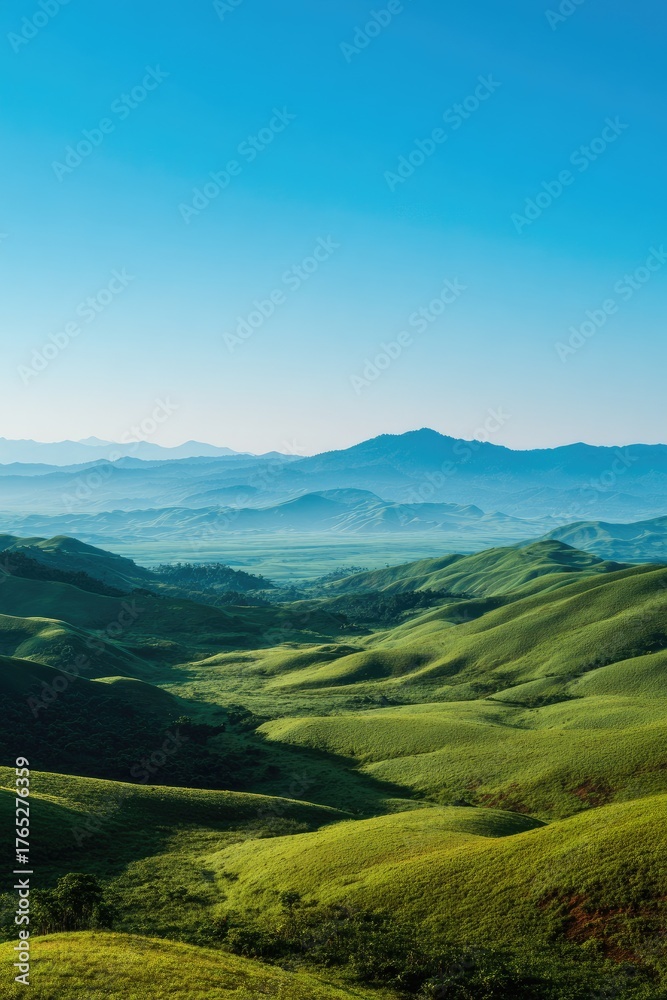 Fototapeta premium Rolling green hills meet misty mountains under clear blue sky