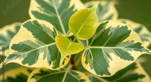 close up of a plant, Variegated Ficus Triangularis Leaves 
