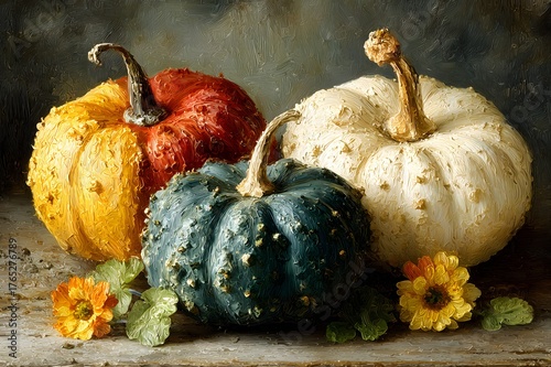Oil Painting Style Colorful Pumpkin Still Life, Autumn Thanksgiving Halloween Art Decor, Vintage Style Design Element